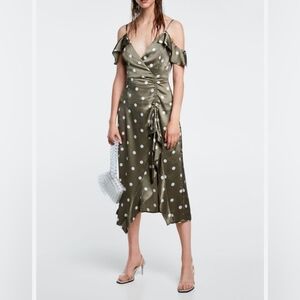 Zara Women's Satin Polka Dot Ruffle Cold Shoulder Midi Dress, Sage Green, XS